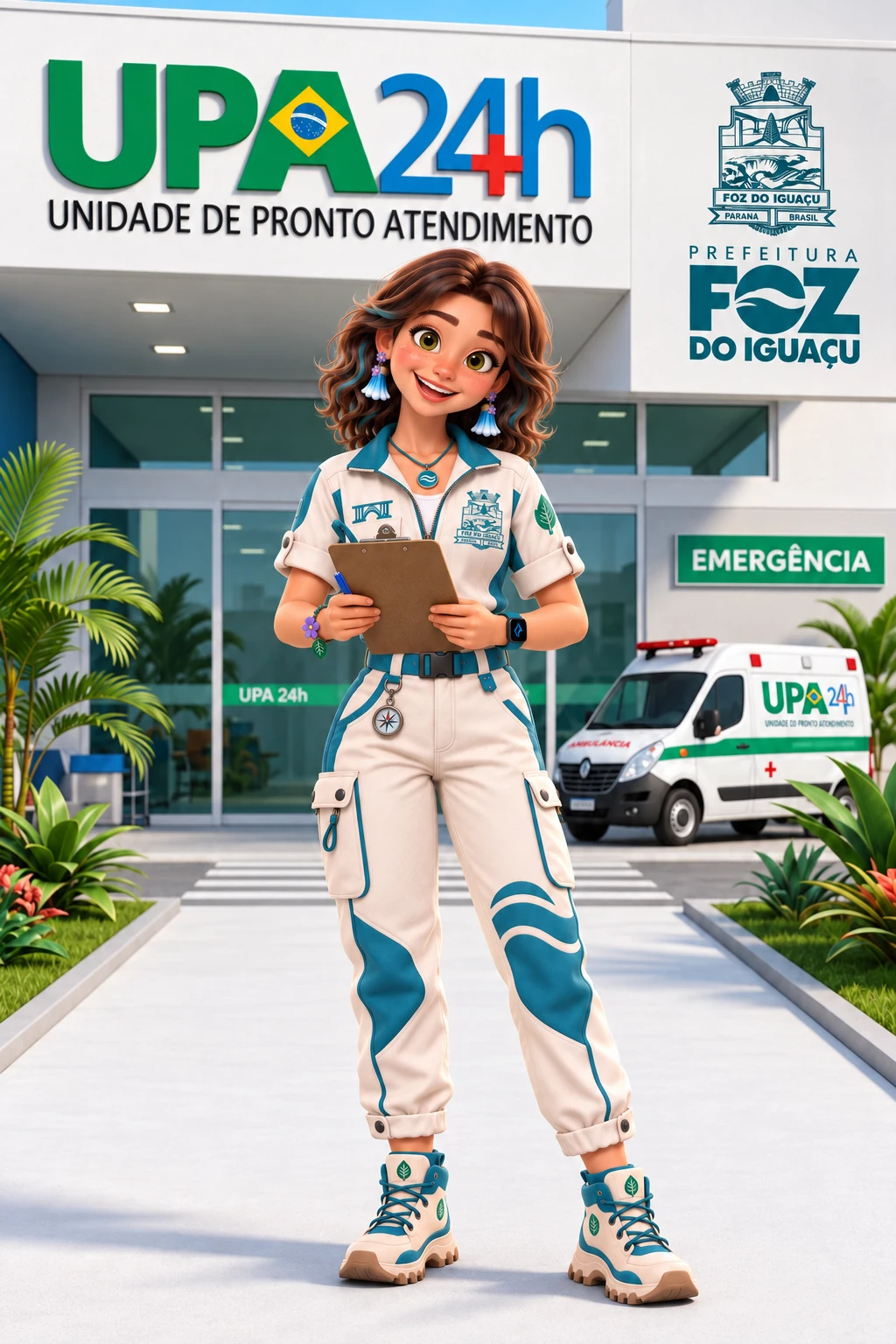 Iara em uma ilustração de unidade de saúde